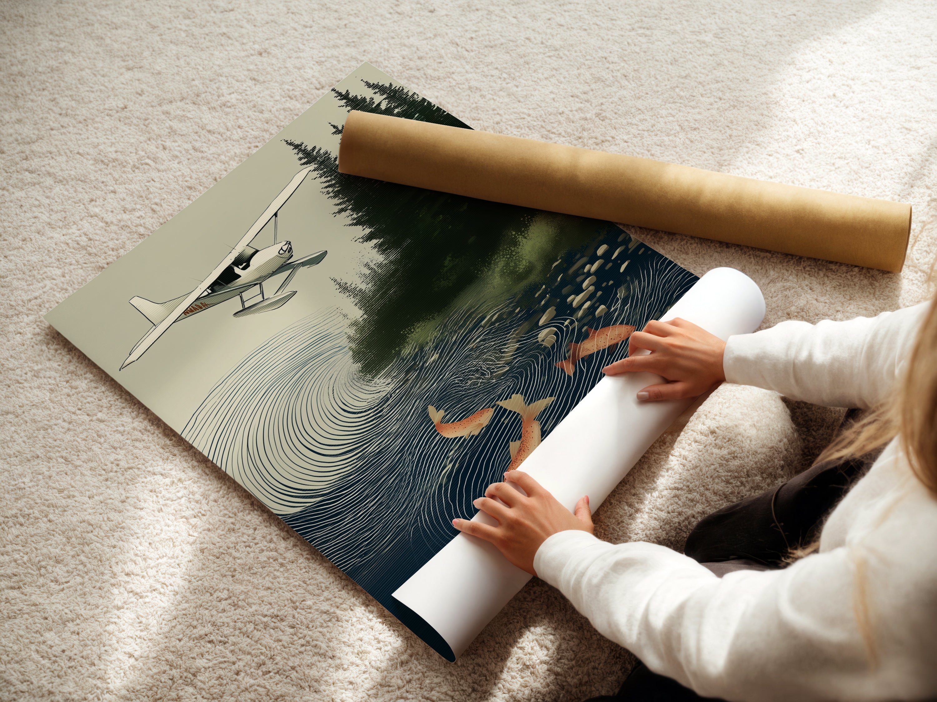 A woman carefully rolls a fine art poster paper. The Seaplane & Salmon artwork is being prepared. The vintage art print is perfect for a lake house. It enhances rustic wall decor. This salmon print is an ideal gift for a sportsman.