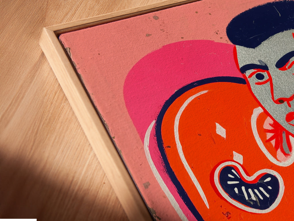 Angled view of the boxing legend canvas print in a floating frame. The artwork adds a modern touch to any room. Featuring a boxer in retro pop art style. Ideal for sports bar art or vintage art collectors.