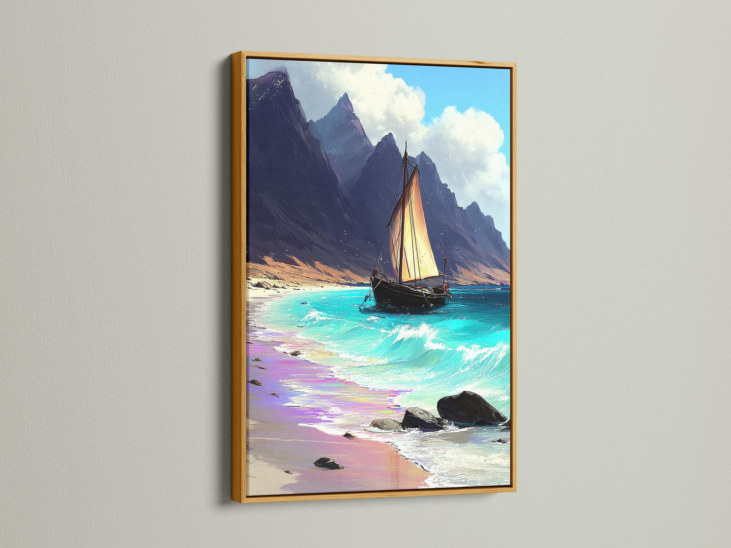 Gold Frame displays sailboat art. Coastal print enhances any space. Seascape canvas showcases nautical wall art. Teal artwork complements beach art. Ocean view art in a gold frame. Canvas and fine art paper options available.