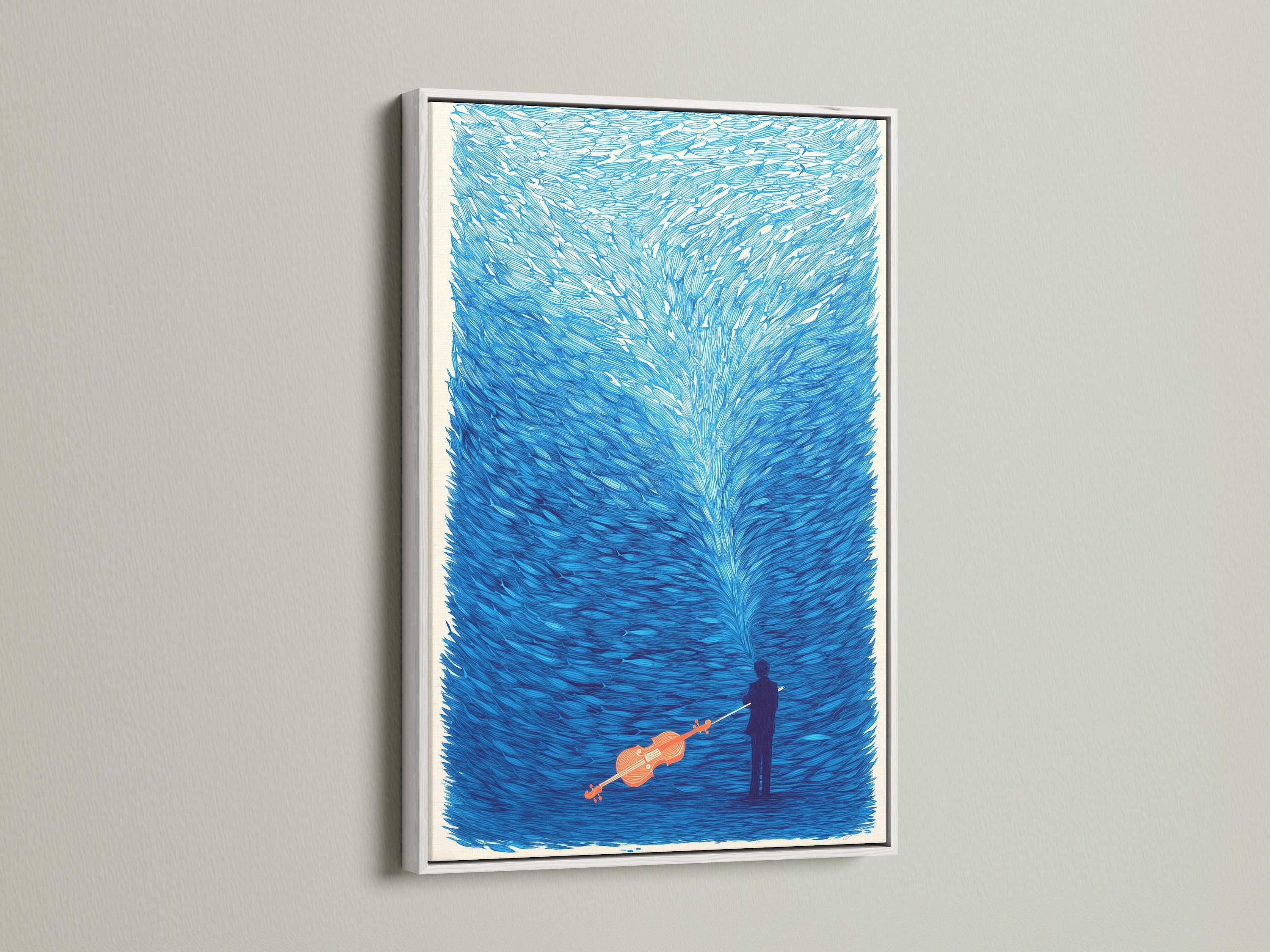 A striking musical canvas print is beautifully displayed in a white frame. The surreal violin wall artwork enhances modern coastal or minimalist styles. Indigo blue art print creates a serene ambiance. Ideal for music rooms studios or living spaces.