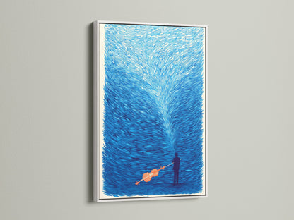 A striking musical canvas print is beautifully displayed in a white frame. The surreal violin wall artwork enhances modern coastal or minimalist styles. Indigo blue art print creates a serene ambiance. Ideal for music rooms studios or living spaces.