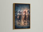 Artwork of horse racing framed in a gold frame. The artwork shows horses and jockeys in a competitive race. The gold frame adds a luxurious and sophisticated element. Perfect wall art for any room