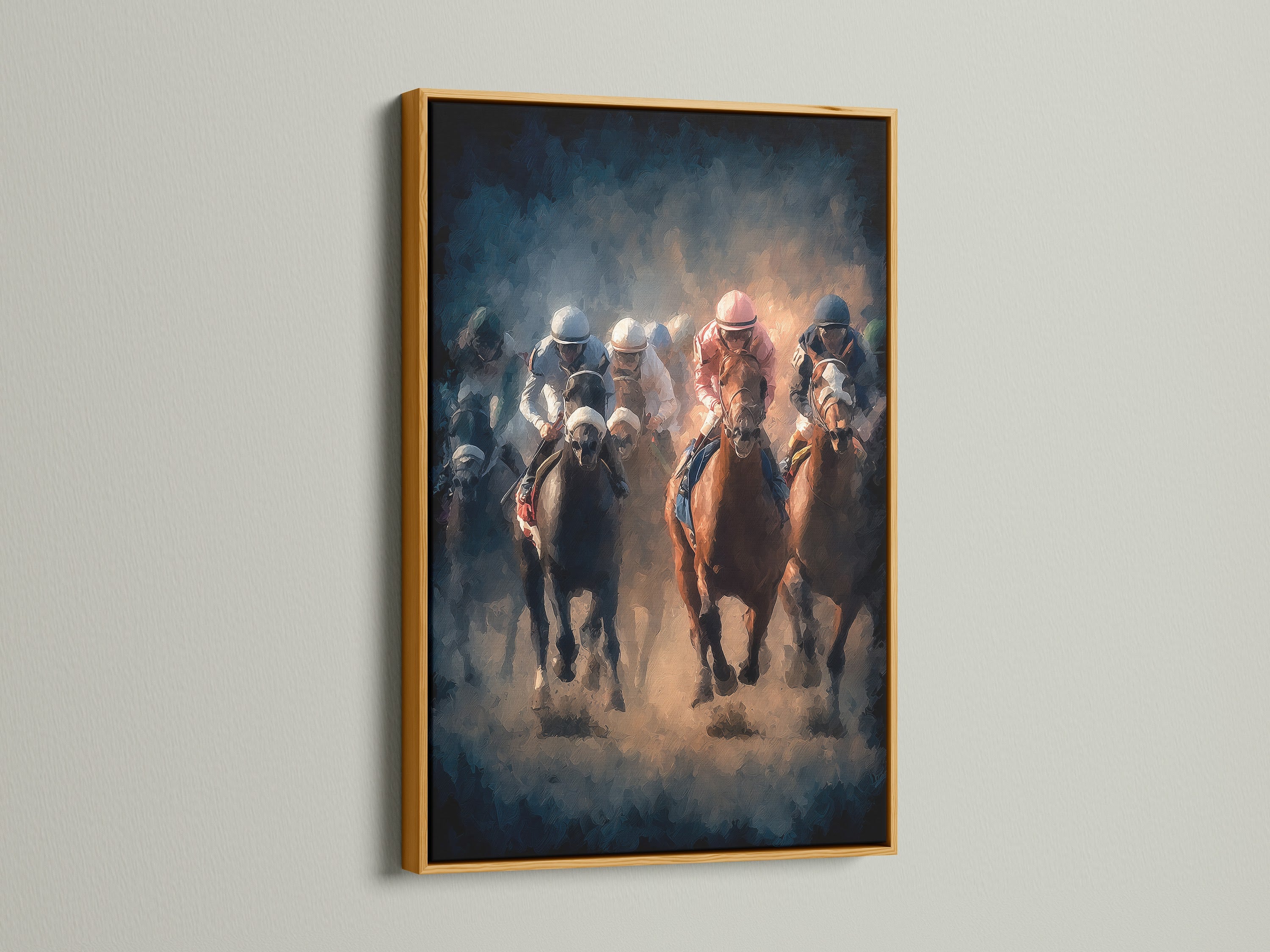 Artwork of horse racing framed in a gold frame. The artwork shows horses and jockeys in a competitive race. The gold frame adds a luxurious and sophisticated element. Perfect wall art for any room