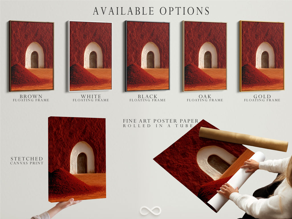Available options for the desert arch artwork. Options include stretched canvas prints fine art poster paper and floating frames. Customize your artwork to match your style. Enhance your modern southwest decor today.