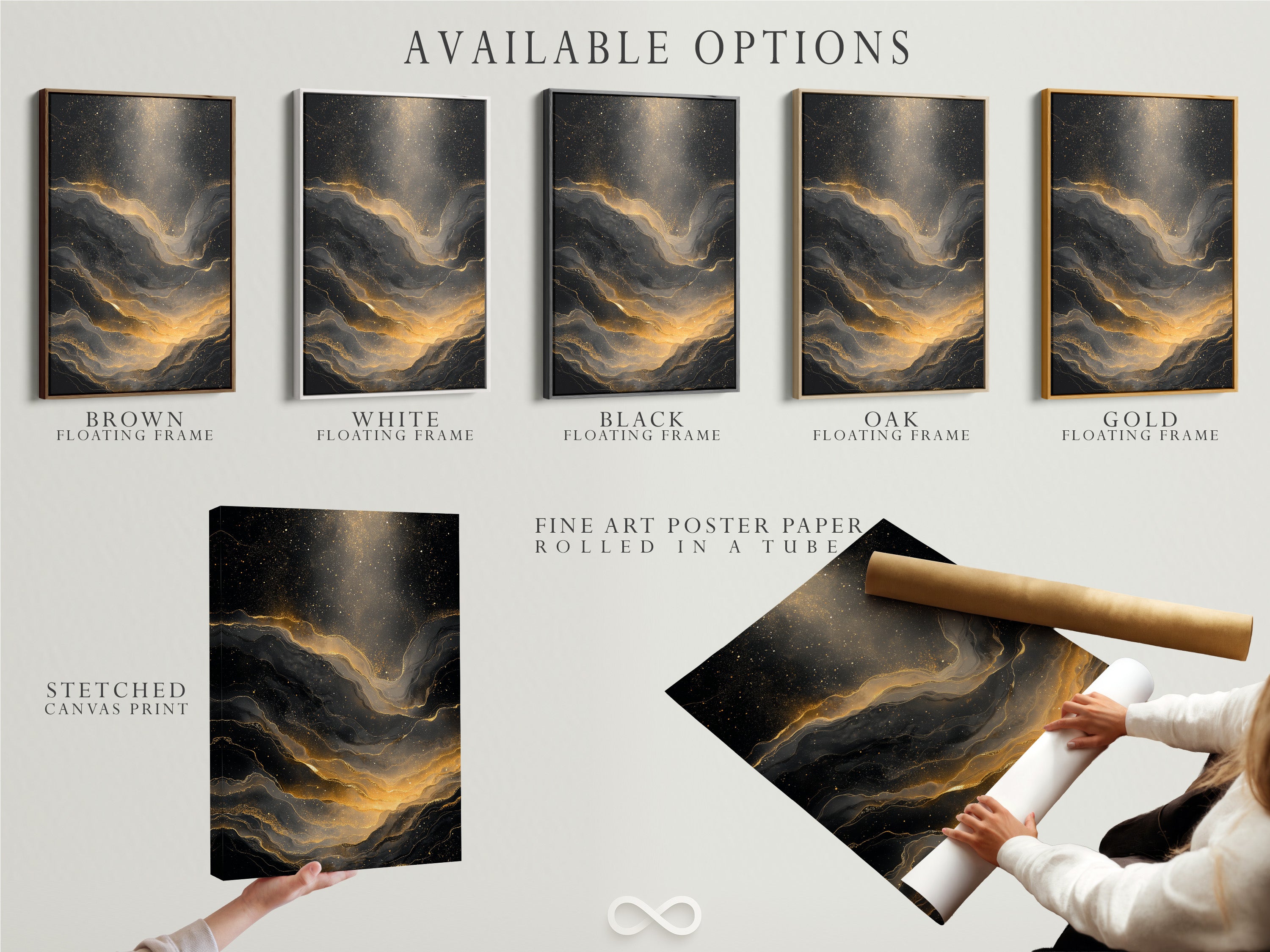 Available options include a stretched canvas print. Another option is fine art poster paper. The last option is a floating frame. Choose the perfect medium for your artwork. Each option offers a unique display style. Select the option that best suits your taste. This will help showcase your art.