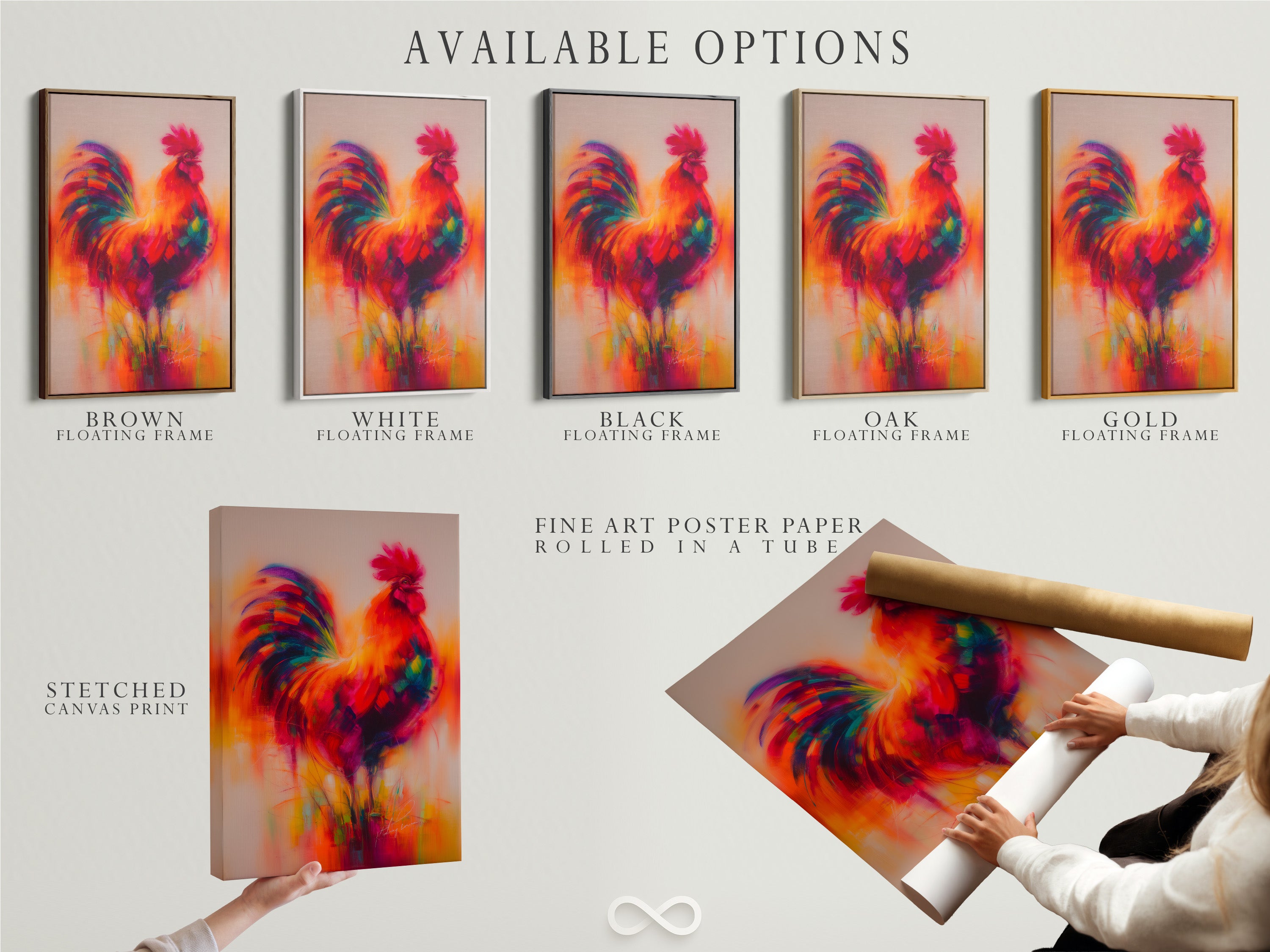 Explore available options for this colorful rooster artwork. Choose from a stretched canvas print a fine art poster paper or a floating frame. Find the perfect style to match your decor. Each option enhances the artwork's beauty. Customize your art today.