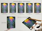 Available options are showcased including a stretched canvas print fine art poster paper and floating frame. The tropical mountain artwork features a vaporwave sunset. Select your preferred format for this cyberpunk nature poster to enhance your home decor. Enjoy summer wall art.