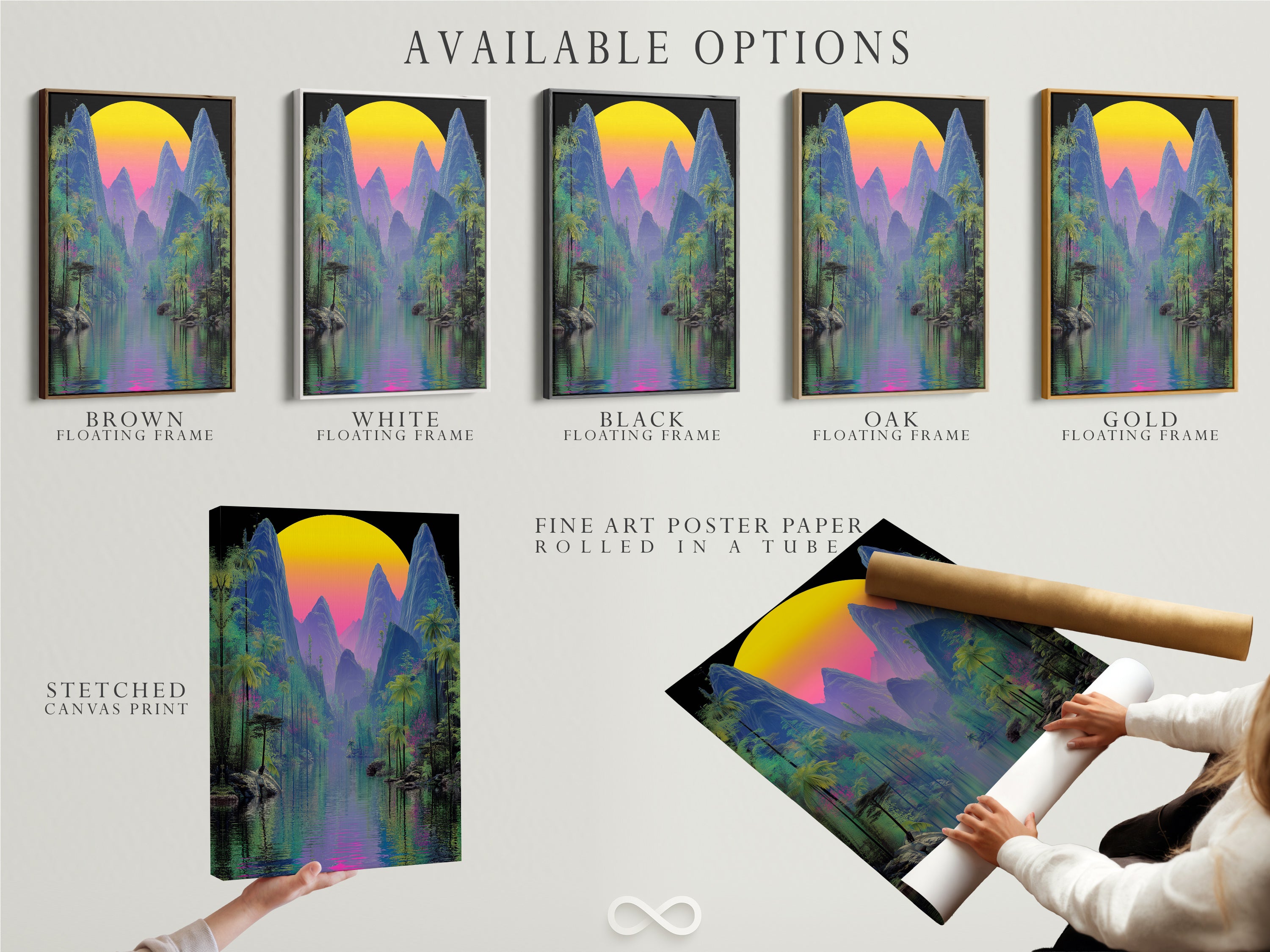 Available options are showcased including a stretched canvas print fine art poster paper and floating frame. The tropical mountain artwork features a vaporwave sunset. Select your preferred format for this cyberpunk nature poster to enhance your home decor. Enjoy summer wall art.