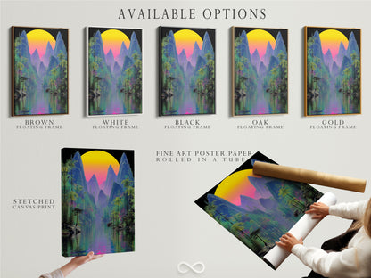Available options are showcased including a stretched canvas print fine art poster paper and floating frame. The tropical mountain artwork features a vaporwave sunset. Select your preferred format for this cyberpunk nature poster to enhance your home decor. Enjoy summer wall art.