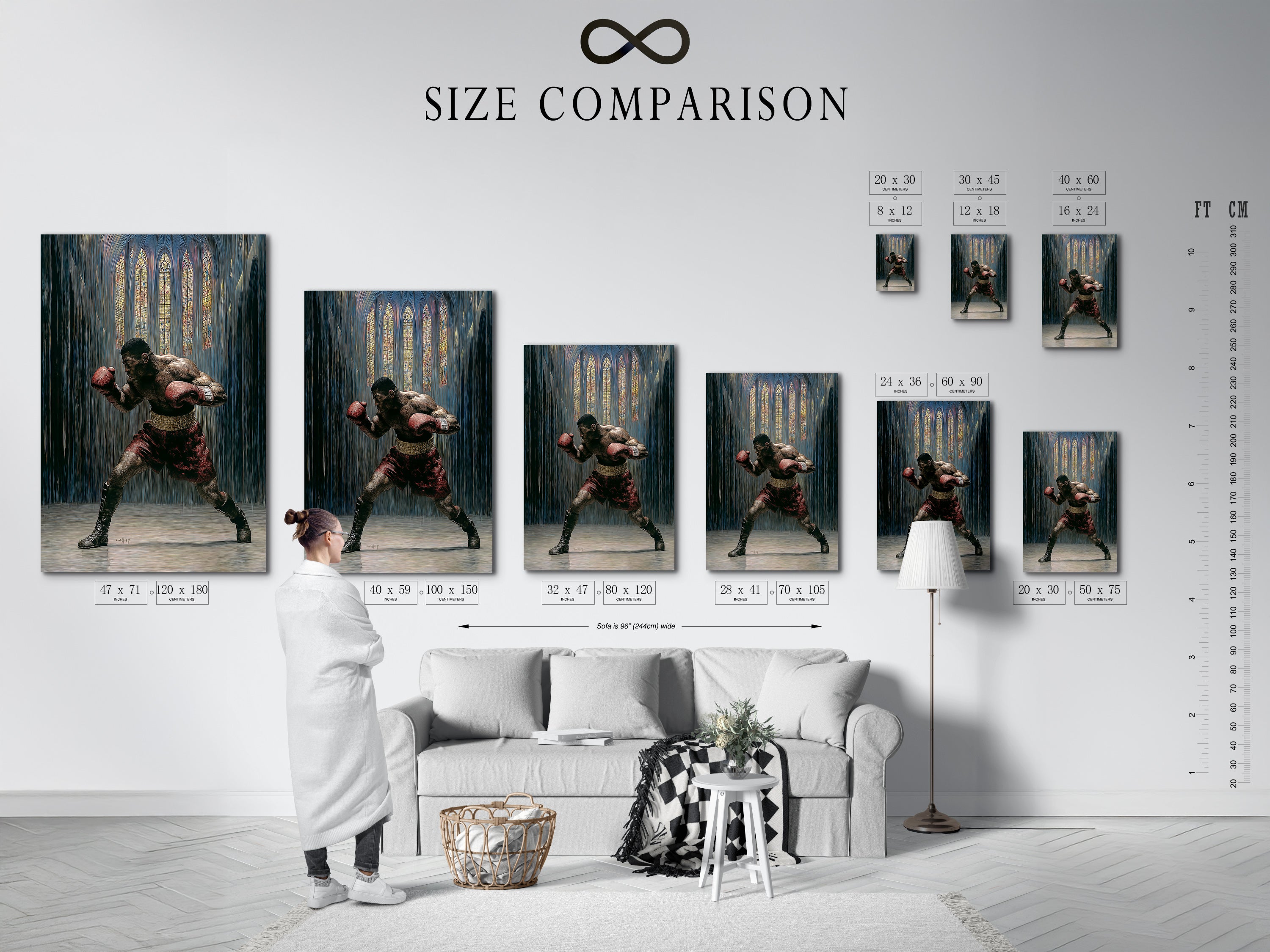 Size comparison chart in an interior setting. Illustrating vintage boxing artwork dimensions. Gothic sports canvas print sizes are shown. Helping you choose the perfect fighter wall art for your man cave decor. Find the ideal size for your sports room decor. Visualize the boxing artwork in your space.