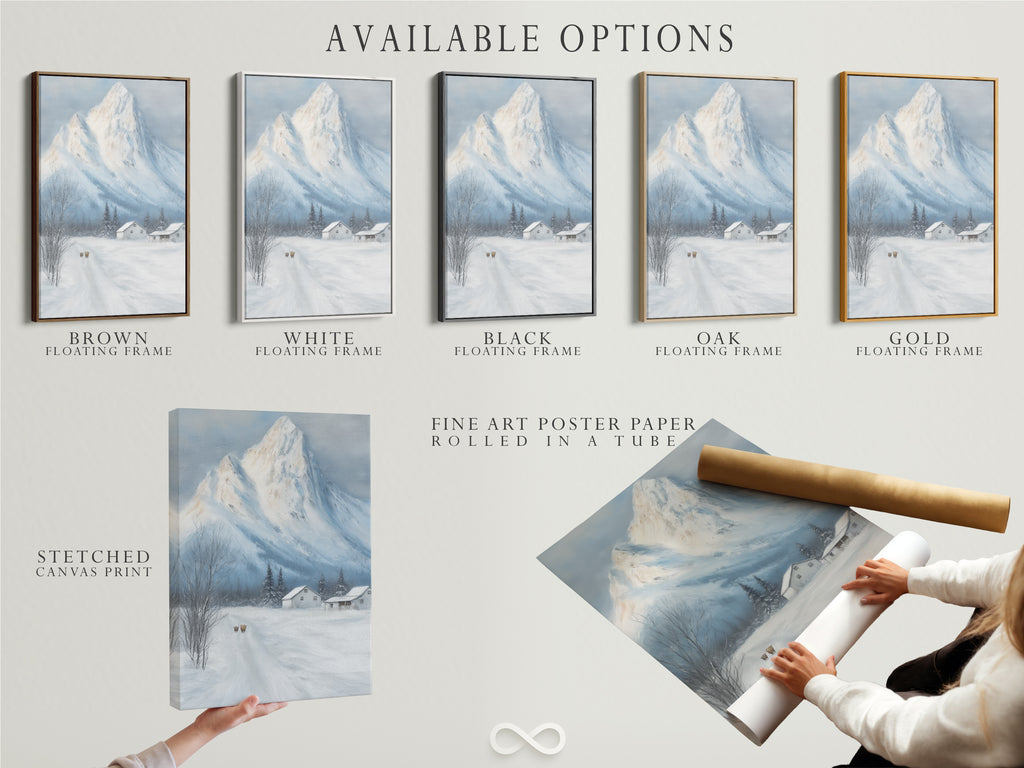 Explore available options for your artwork. Choose a stretched canvas print a fine art poster paper or a floating frame. Find snowy landscape wall art for farmhouse decor in a cabin. Customize your rustic artwork today.