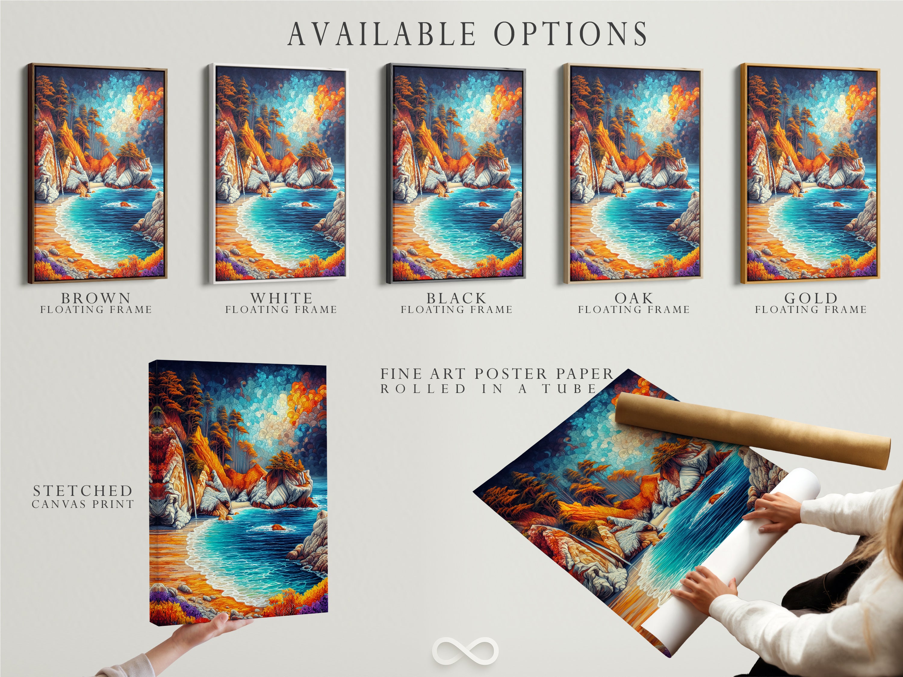 Available options for the coastal landscape artwork are displayed. Choose from a stretched canvas print fine art poster paper or a floating frame. Each option enhances the vibrant ocean wall art. Select the perfect style to complement your home decor.