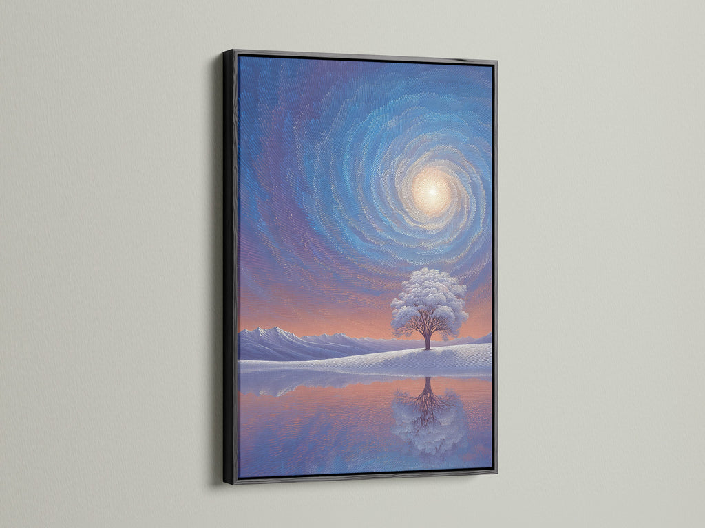 A black frame showcases an art piece with depth and contrast. The dark frame accentuates the artwork's details. It offers a classic and timeless aesthetic. Perfect for both modern and traditional art styles. This frame adds a touch of elegance to any room it graces.