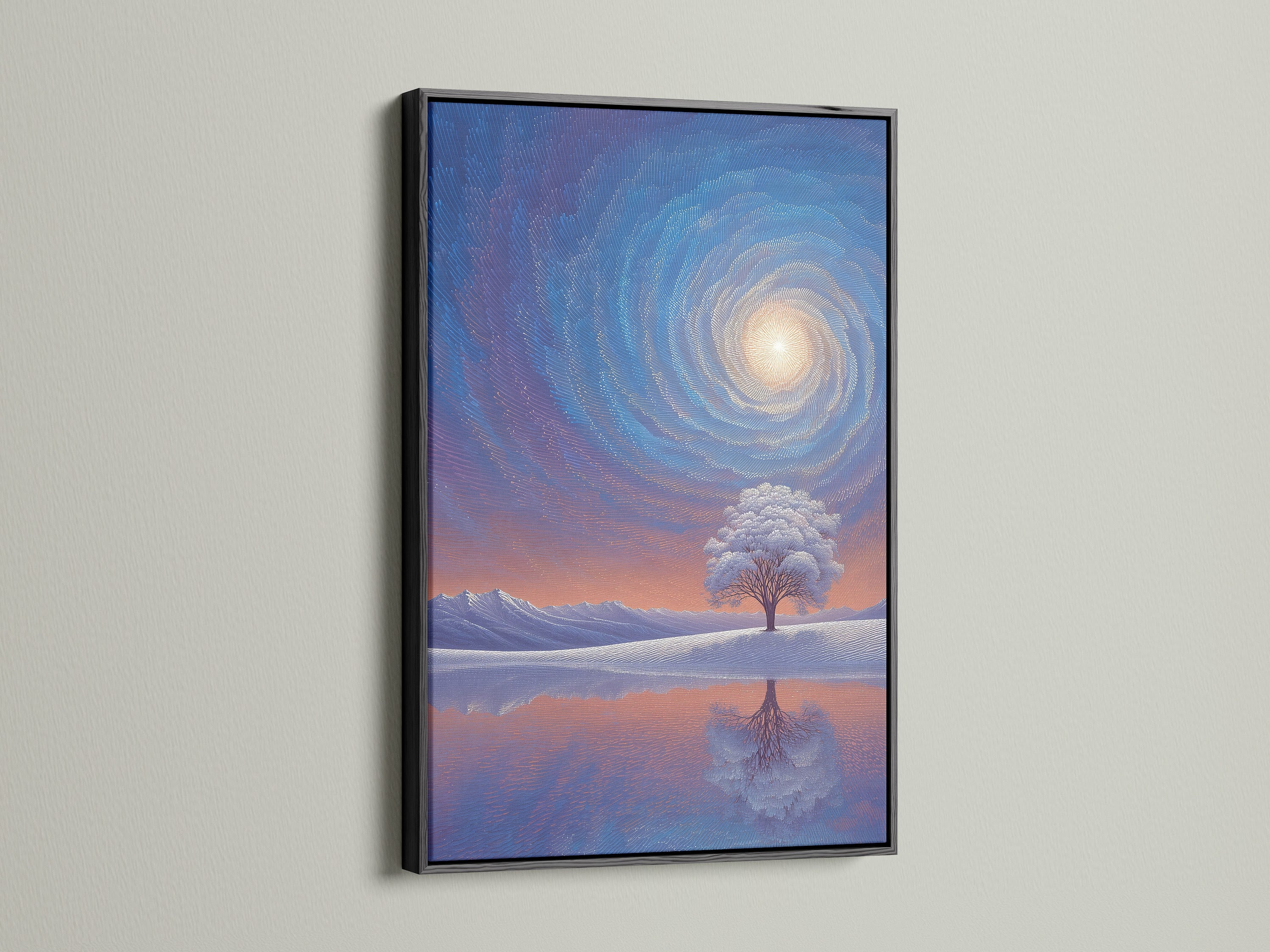 A black frame showcases an art piece with depth and contrast. The dark frame accentuates the artwork's details. It offers a classic and timeless aesthetic. Perfect for both modern and traditional art styles. This frame adds a touch of elegance to any room it graces.