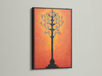 Botanical tree art print with a textured coral wall art background displayed within a black frame. This black frame adds a touch of sophistication. The artwork provides a striking contrast to the artwork making it pop. Add to your modern home today.