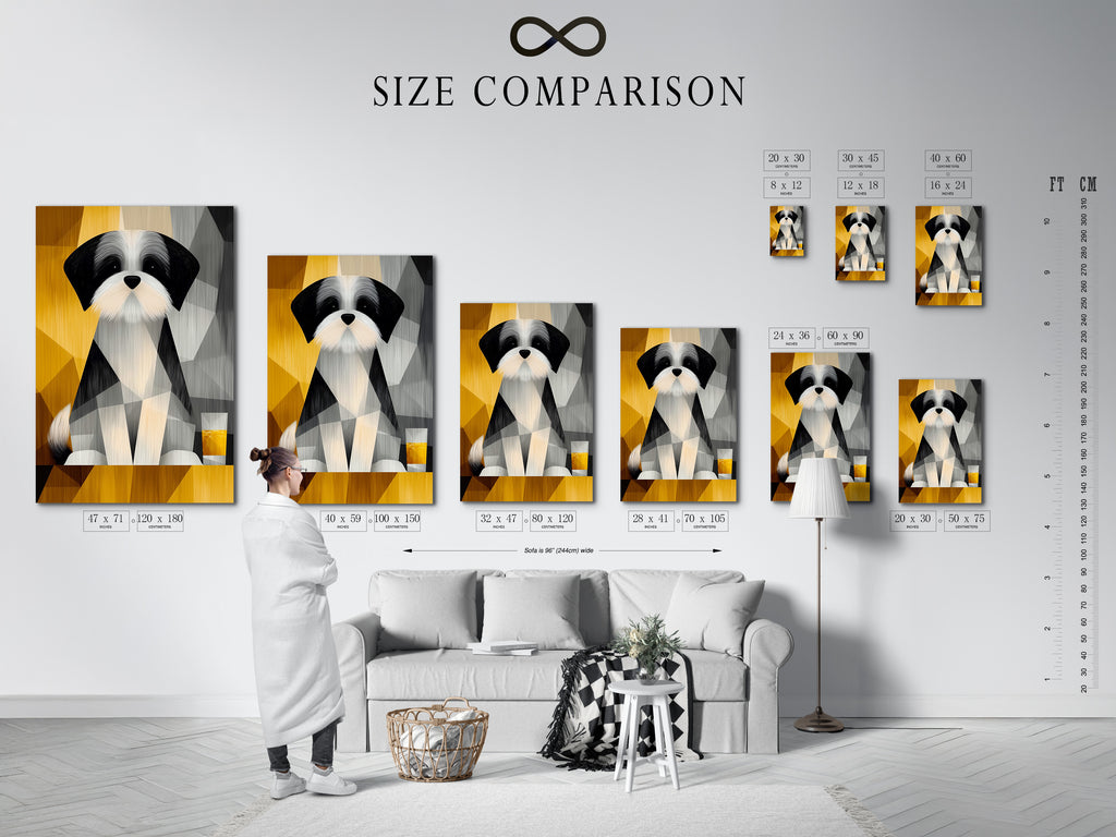 A size comparison chart is displayed in an interior setting. This helps visualize the artwork in different dimensions. It showcases how the geometric dog portrait fits various spaces. The chart aids in selecting the perfect pet canvas print. Ensuring it complements your home decor seamlessly. This is ideal for planning your wall art arrangement.