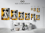 A size comparison chart is displayed in an interior setting. This helps visualize the artwork in different dimensions. It showcases how the geometric dog portrait fits various spaces. The chart aids in selecting the perfect pet canvas print. Ensuring it complements your home decor seamlessly. This is ideal for planning your wall art arrangement.