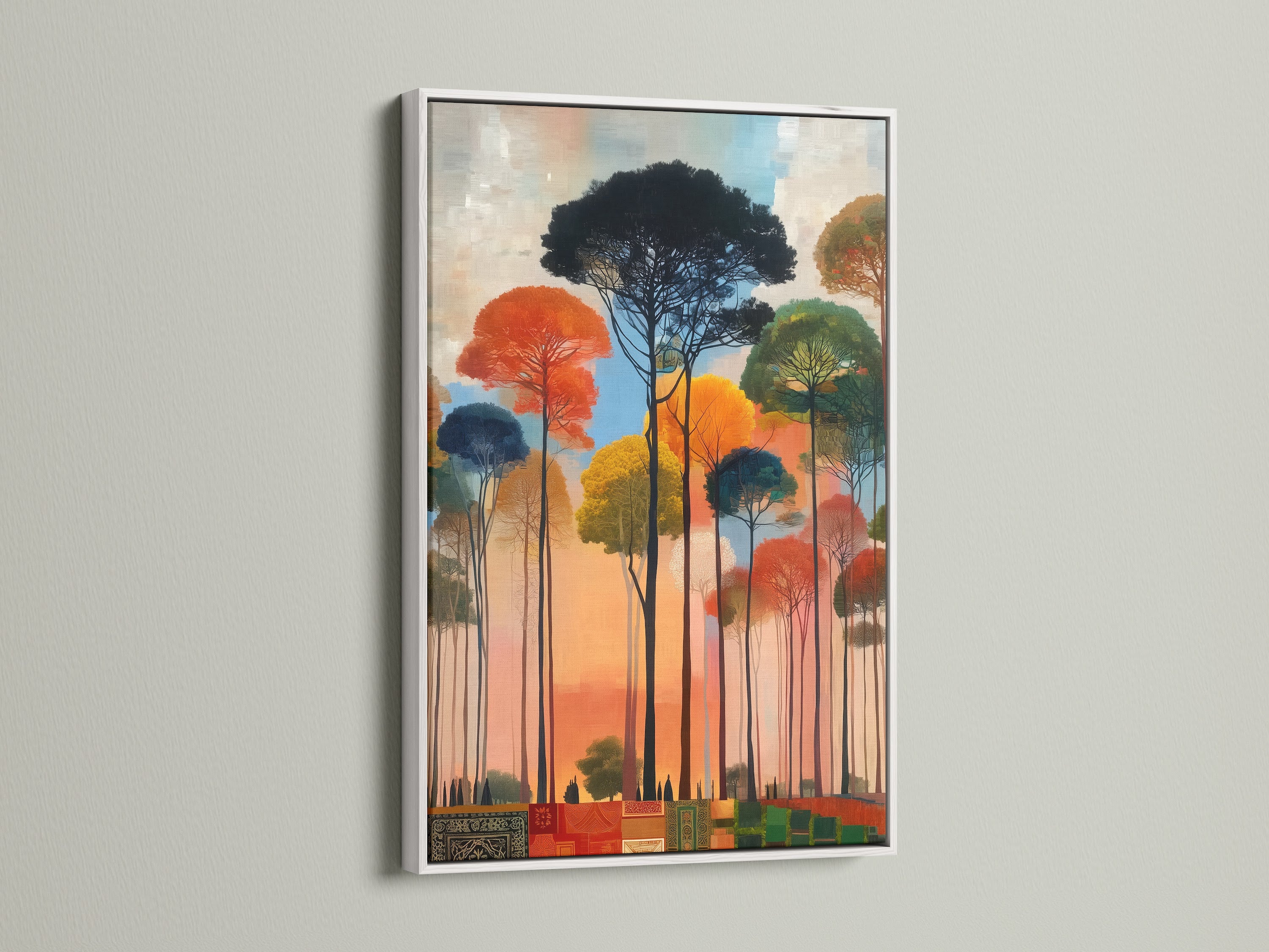 Abstract Forest artwork is beautifully presented in a white frame. The colorful trees create a vibrant and modern look. This nature wall art is ideal for adding a pop of color to any space. A contemporary landscape print.