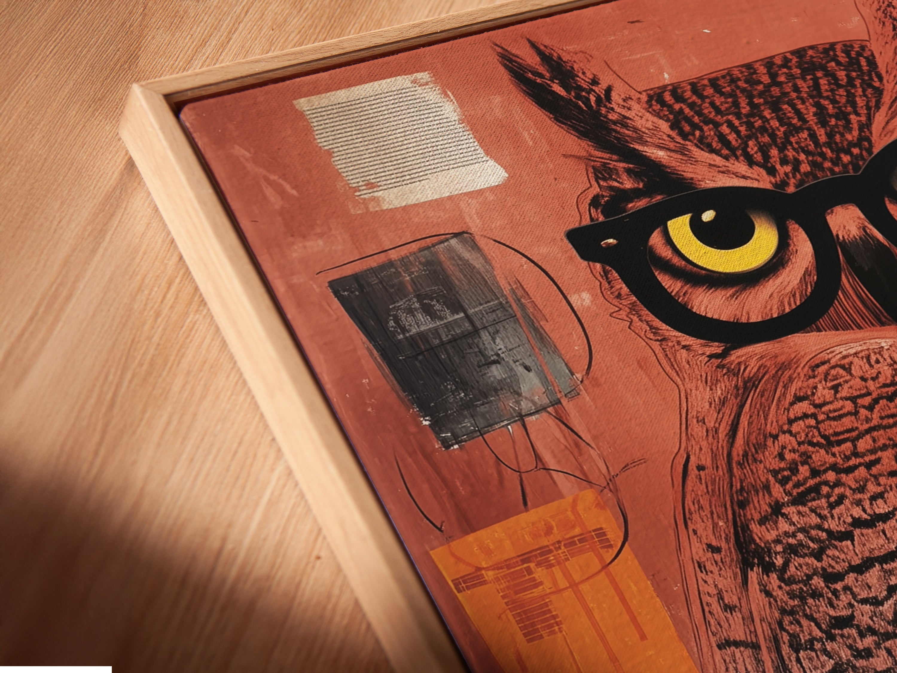 An angled close up reveals the canvas print in a floating frame. This modern owl artwork is a mixed media print. The contemporary art piece adds sophistication to any space. Consider this for your next eclectic wall art project.