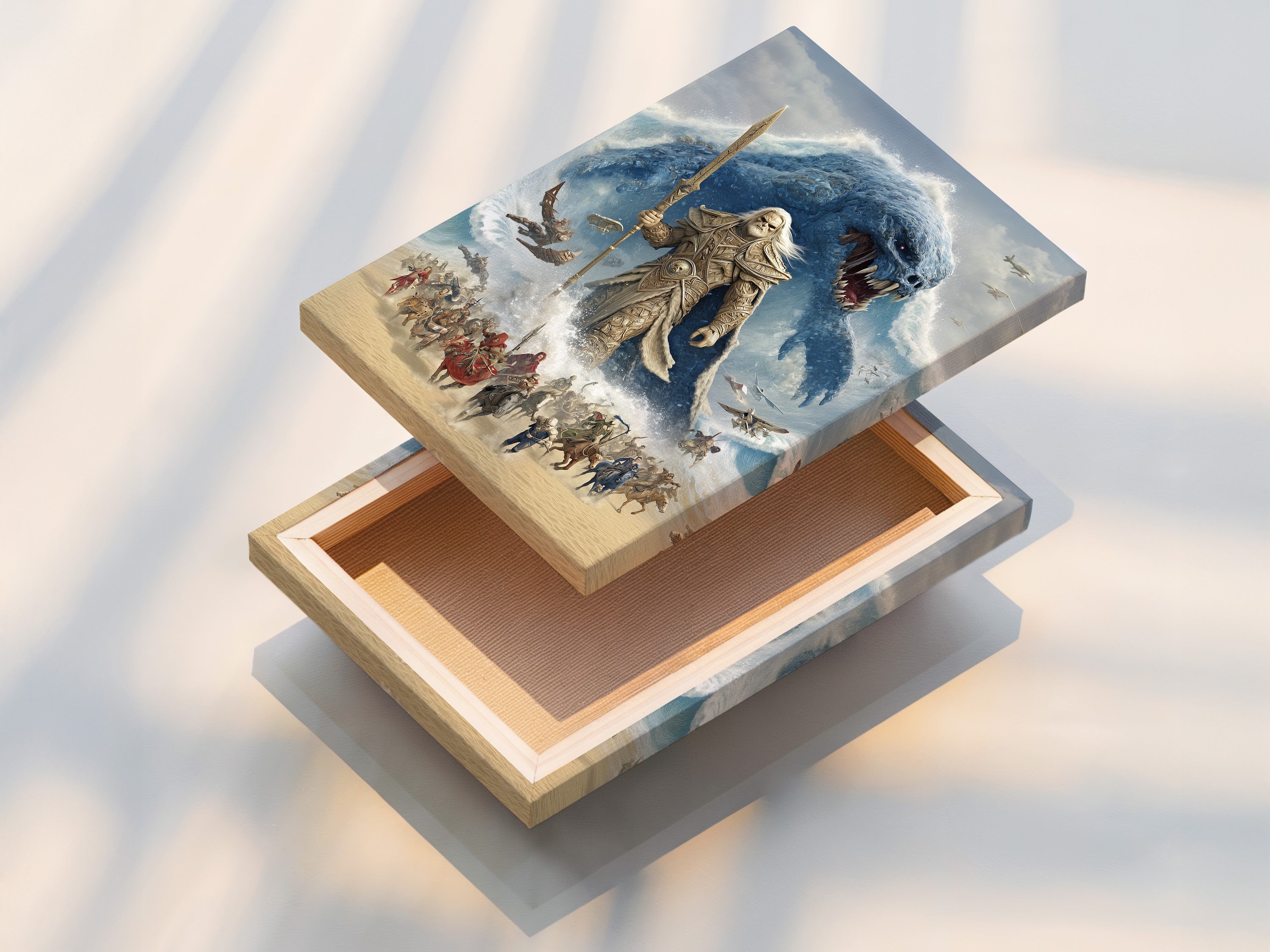 This image showcases a stretched canvas print of the epic fantasy artwork. The artwork features an intense battle between an ancient warrior and a sea monster. The stretched canvas provides a gallery-quality look and feel. This makes it perfect for adding a dramatic focal point to your decor.