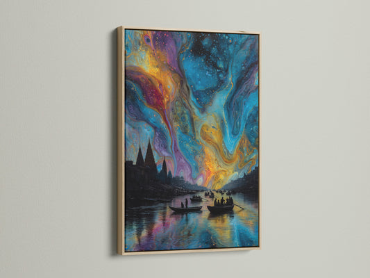Aurora Borealis artwork with an oak frame. The primary color is blue with gold accents. This cosmic wall art is perfect for bedroom decor. This northern lights print elevates any space.