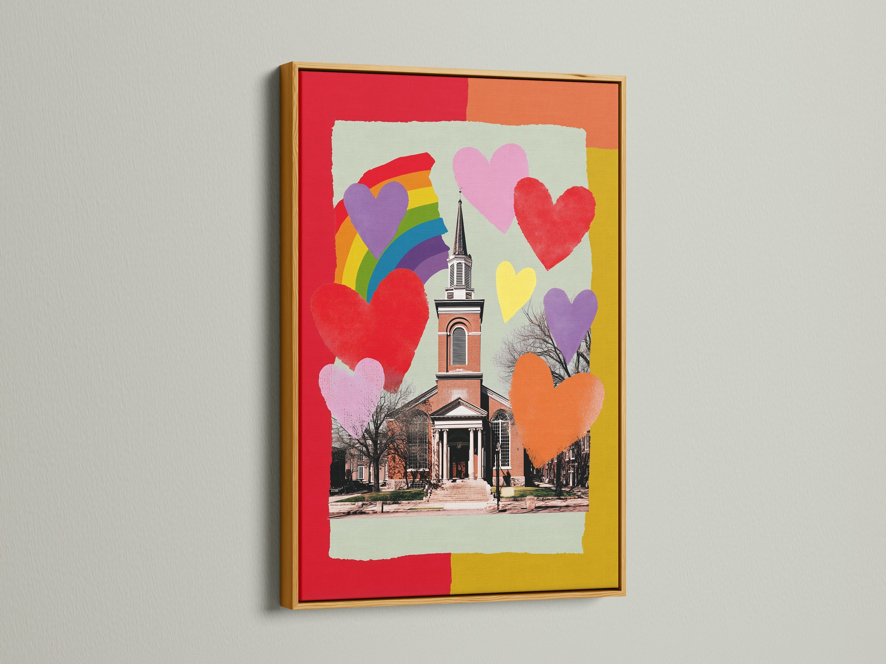 A framed artwork with a gold frame is displayed on a white wall. The art features a church with hearts and a rainbow. The gold frame adds a touch of elegance and luxury. Explore our gold frames for a glamorous display.