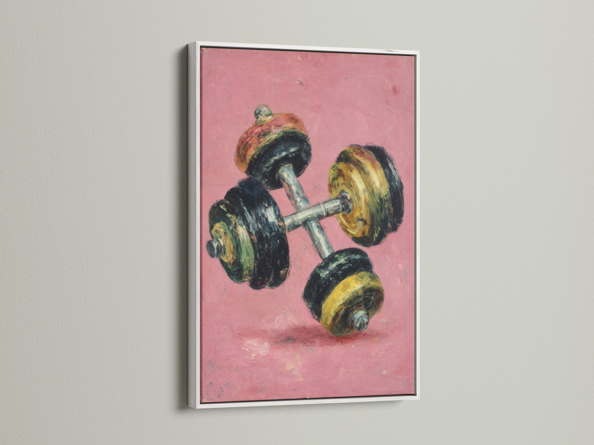 A white frame enhances this vintage dumbbell artwork print. The pink canvas print makes a statement in home gyms. This retro fitness wall art provides daily motivation. Explore our collection of workout artwork.
