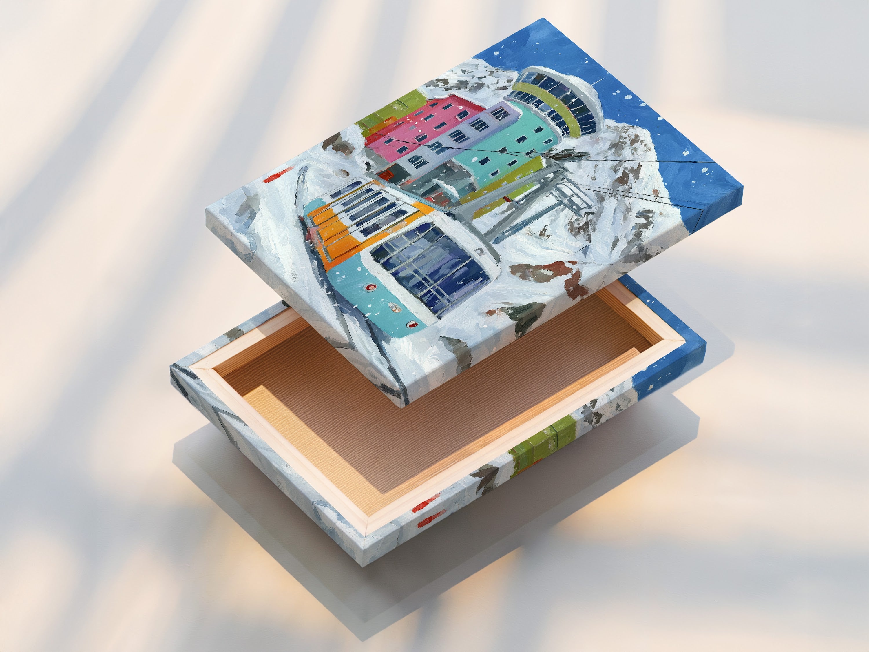 A stretched canvas print of the alpine cable car art. Ready to hang and enjoy. This stretched canvas brings the colorful mountain village to life. Perfect for adding a touch of winter adventure to your home decor.