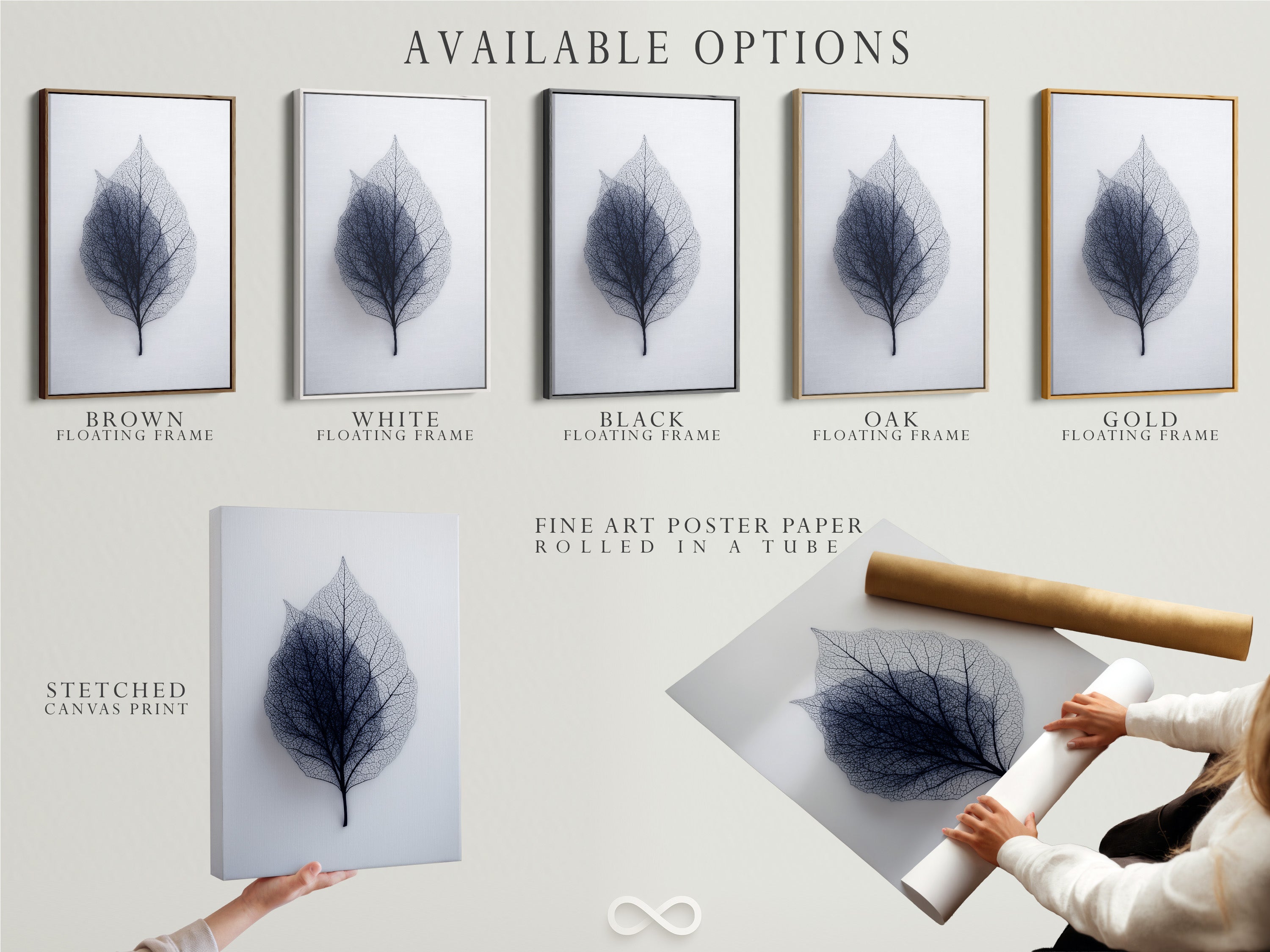 Explore available options for leaf art. Choose from stretched canvas prints. Fine art poster paper or floating frames. Customize your artwork to fit your style. Create a unique display with our art options.