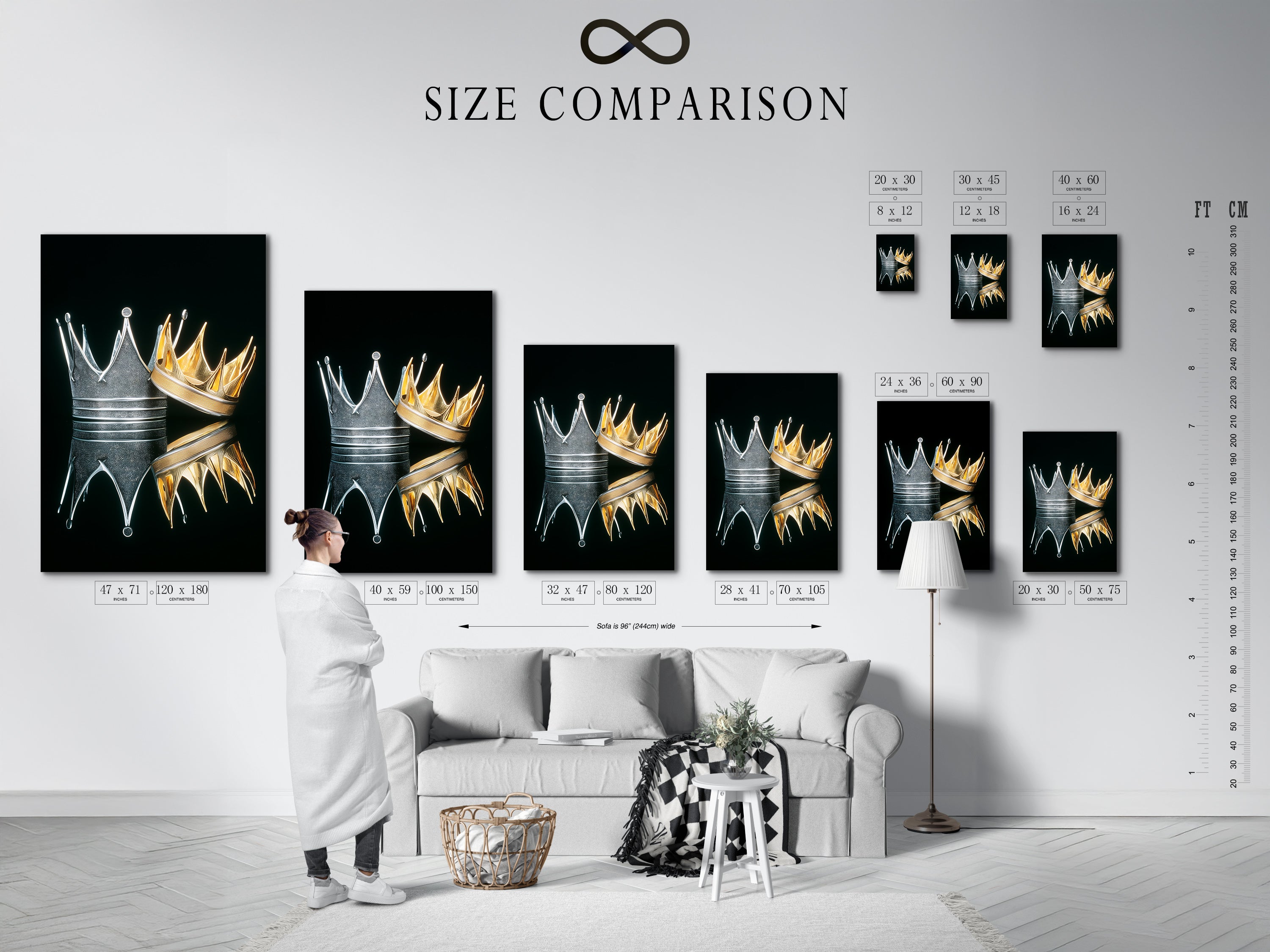 A size comparison chart displayed in an interior setting. See how the Crowns Canvas Print fits in different spaces. Visualize the impact of gold and silver royal crowns artwork. Perfect for planning your wall decor. Find the ideal size for your room.