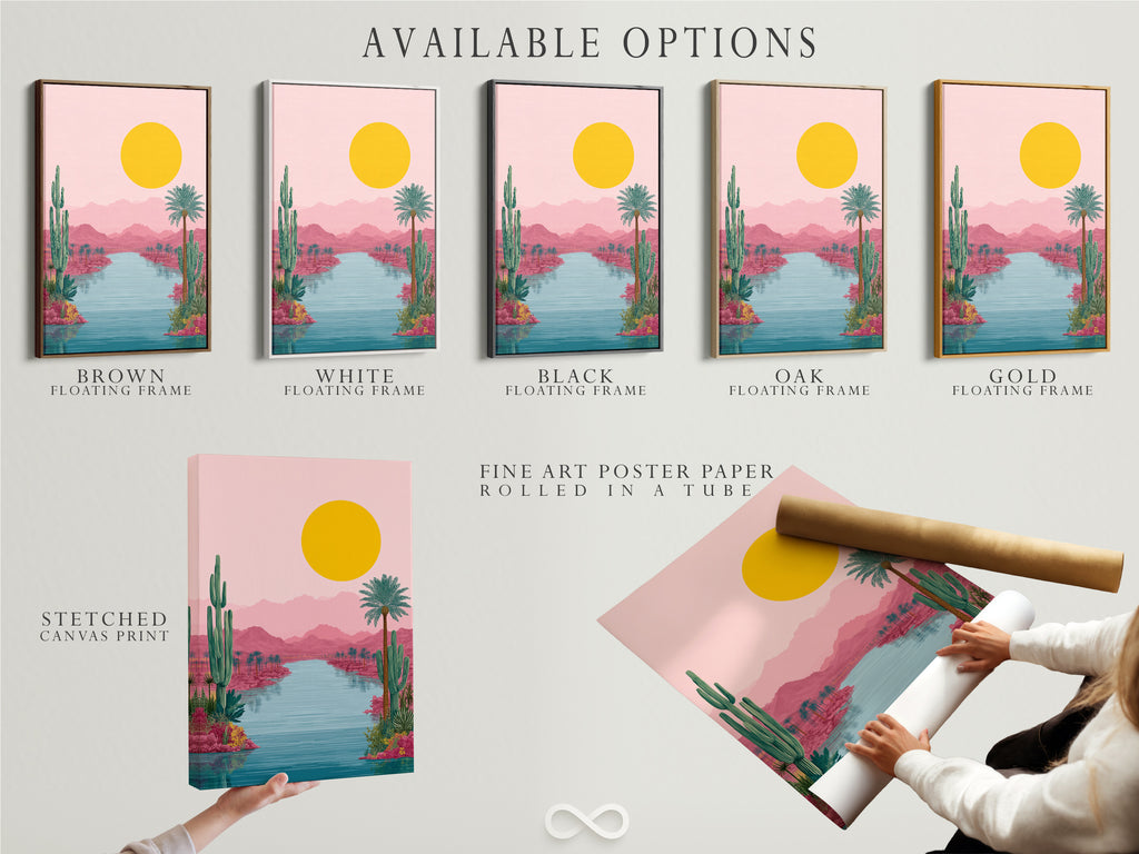 Explore available options for the Desert Oasis artwork. Choose from a stretched canvas print for a gallery look. Opt for fine art poster paper for a versatile display. Select a floating frame for a modern touch. Find the perfect style for your home.