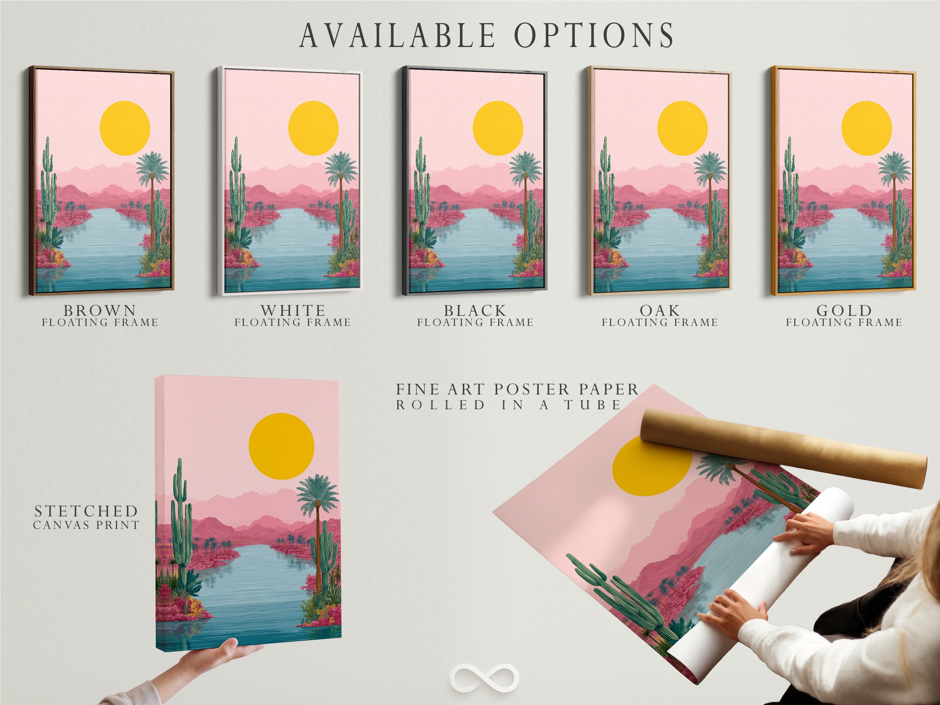 Explore available options for the Desert Oasis artwork. Choose from a stretched canvas print for a gallery look. Opt for fine art poster paper for a versatile display. Select a floating frame for a modern touch. Find the perfect style for your home.