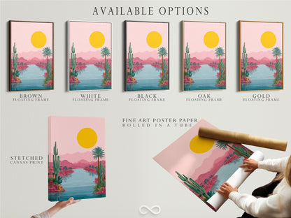 Explore available options for the Desert Oasis artwork. Choose from a stretched canvas print for a gallery look. Opt for fine art poster paper for a versatile display. Select a floating frame for a modern touch. Find the perfect style for your home.