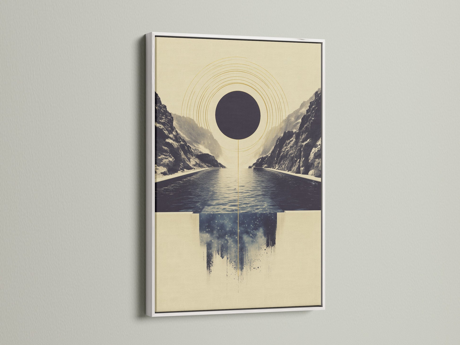 Abstract Infinity Pool artwork in a white frame. The white frame offers a clean and contemporary look. This geometric canvas print is perfect for modern wall art. It adds a touch of serenity to your bedroom or office. The minimalist print complements any decor.