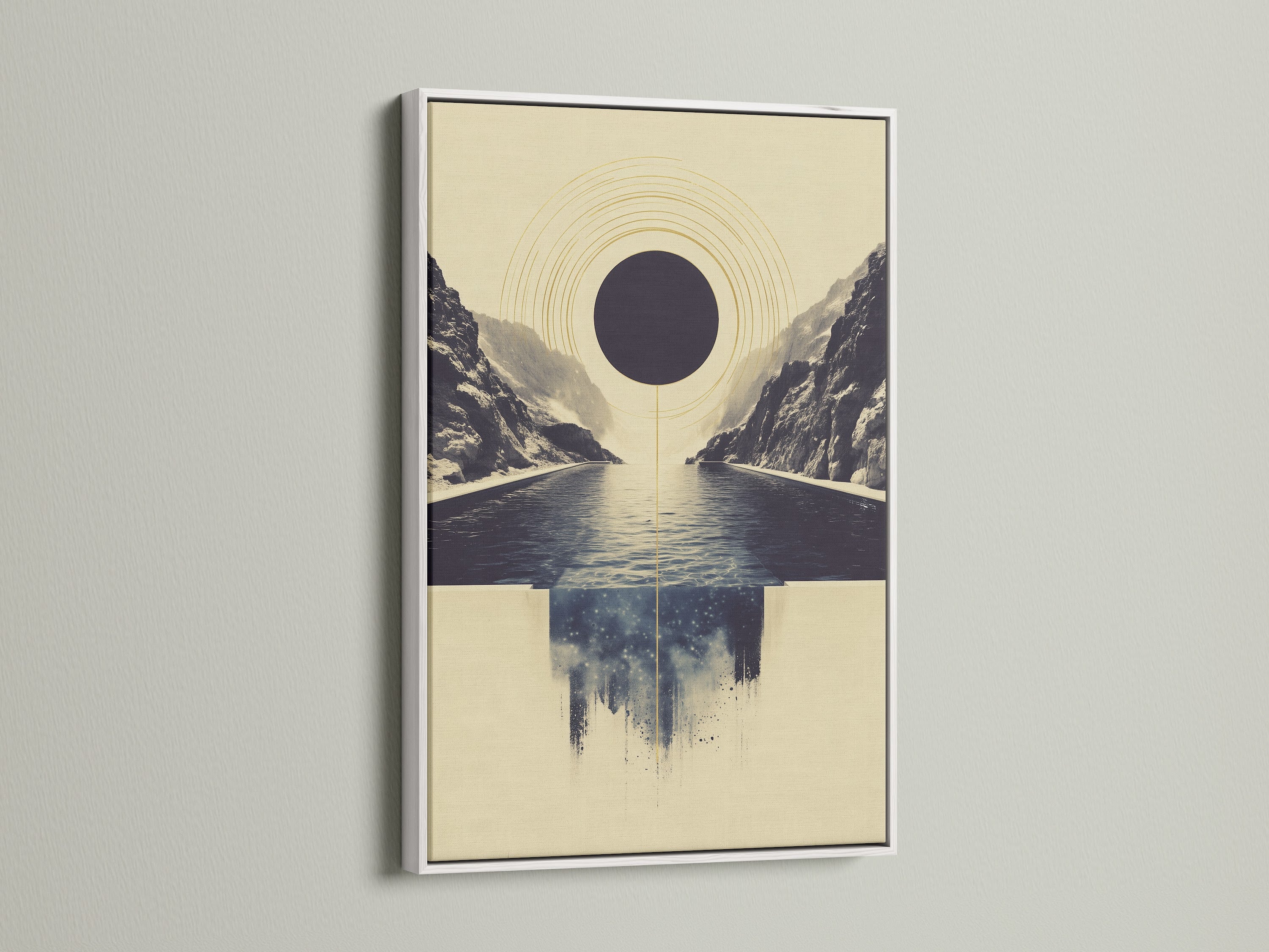 Abstract Infinity Pool artwork in a white frame. The white frame offers a clean and contemporary look. This geometric canvas print is perfect for modern wall art. It adds a touch of serenity to your bedroom or office. The minimalist print complements any decor.