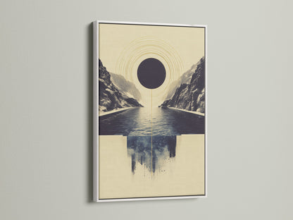 Abstract Infinity Pool artwork in a white frame. The white frame offers a clean and contemporary look. This geometric canvas print is perfect for modern wall art. It adds a touch of serenity to your bedroom or office. The minimalist print complements any decor.