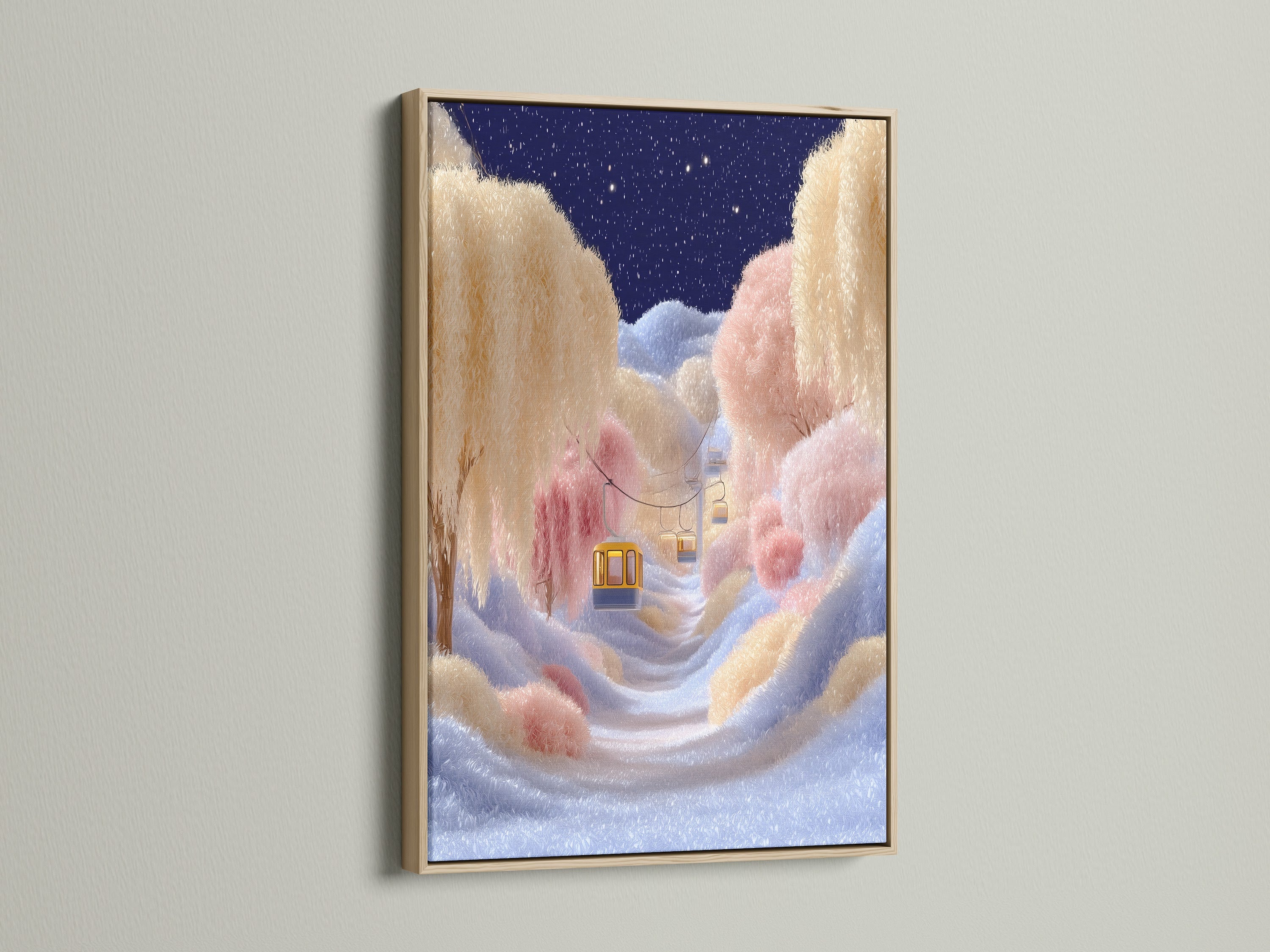 Dreamy Cloud Landscape Art with an oak frame. This pastel sky art is a fantasy landscape. It brings a whimsical touch to any room. The frame enhances the soft surreal artwork.