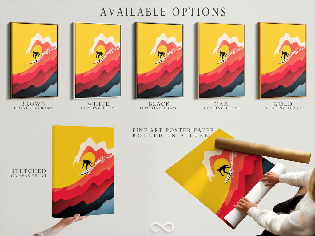 Explore available options for your surfing artwork. Choose a stretched canvas print a fine art poster paper or a floating frame. Personalize your retro wave art to match your style and beach house coastal decor.
