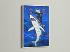 Shark Art Canvas Print with a white frame. This marine art showcases a blue abstract design. The white frame provides a clean modern look. Ideal as ocean wall decor or nautical art. Add a splash of color to your home.