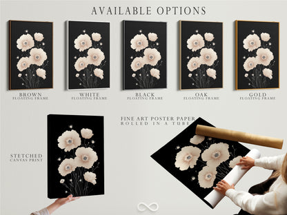 Available options for Beige Poppy Flower Artwork. Choose from a stretched canvas print fine art poster paper or floating frame. Customize your art to match your style. This minimalist botanical print is perfect for enhancing any room with a touch of Scandinavian elegance.