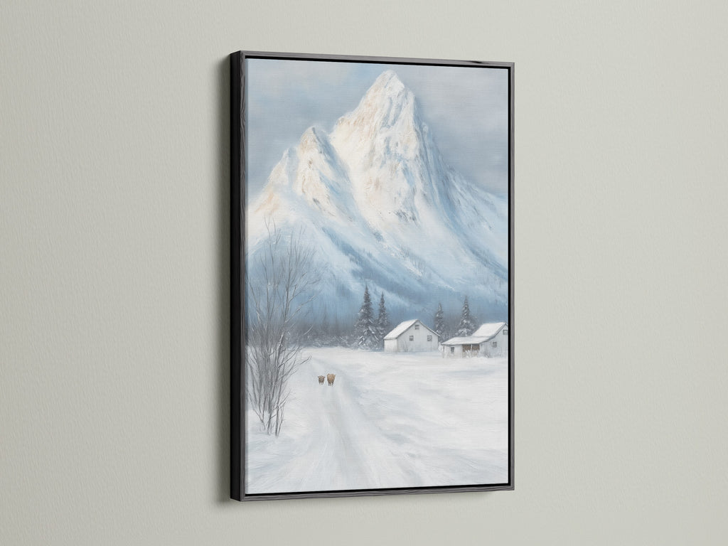 Winter Mountain canvas print is presented in a black frame. The snowy landscape wall art is ideal farmhouse decor for a cabin. The rustic artwork stands out. It offers a classic look for any room. Add depth with this striking piece.