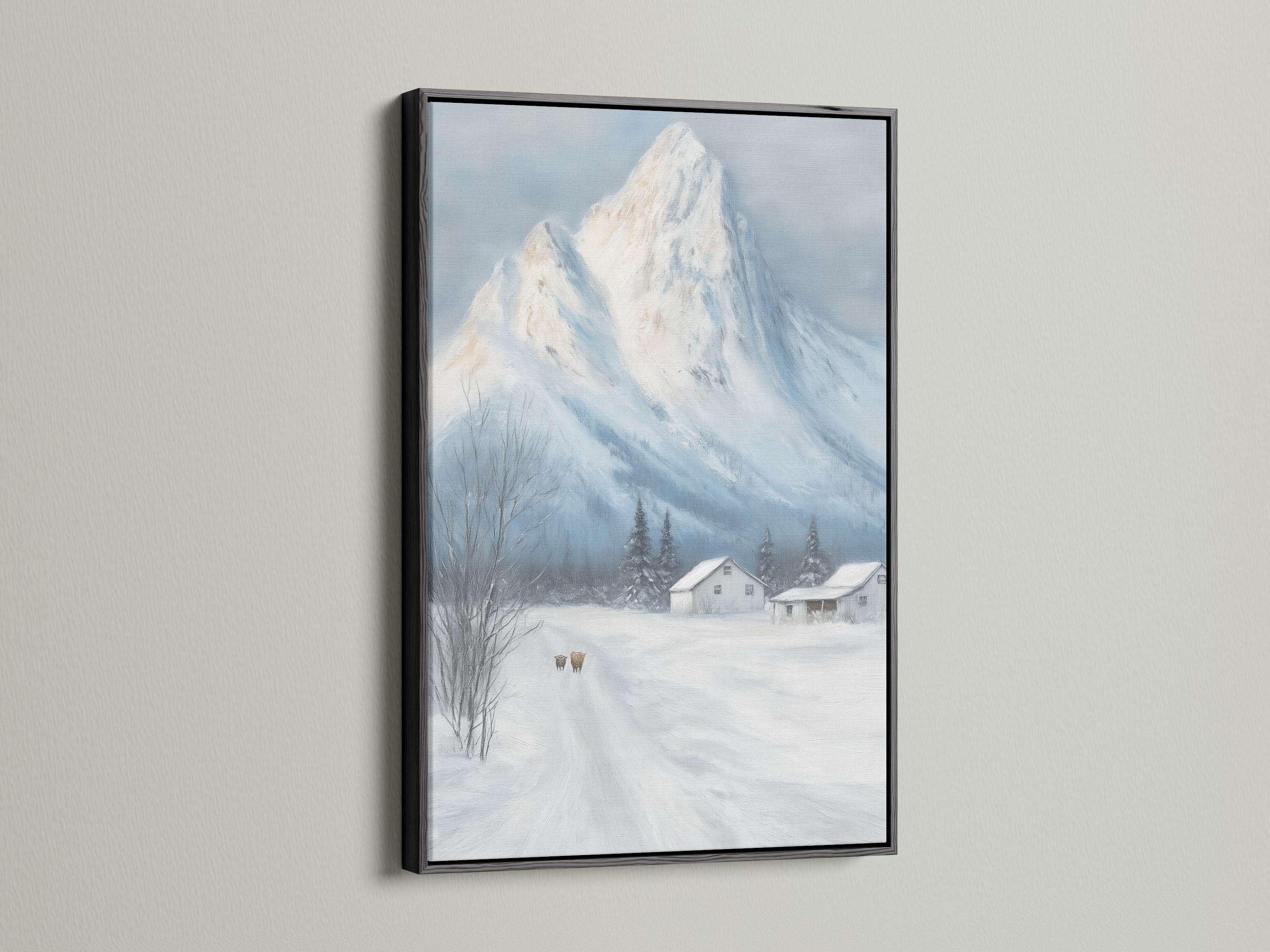 Winter Mountain canvas print is presented in a black frame. The snowy landscape wall art is ideal farmhouse decor for a cabin. The rustic artwork stands out. It offers a classic look for any room. Add depth with this striking piece.