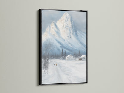Winter Mountain canvas print is presented in a black frame. The snowy landscape wall art is ideal farmhouse decor for a cabin. The rustic artwork stands out. It offers a classic look for any room. Add depth with this striking piece.