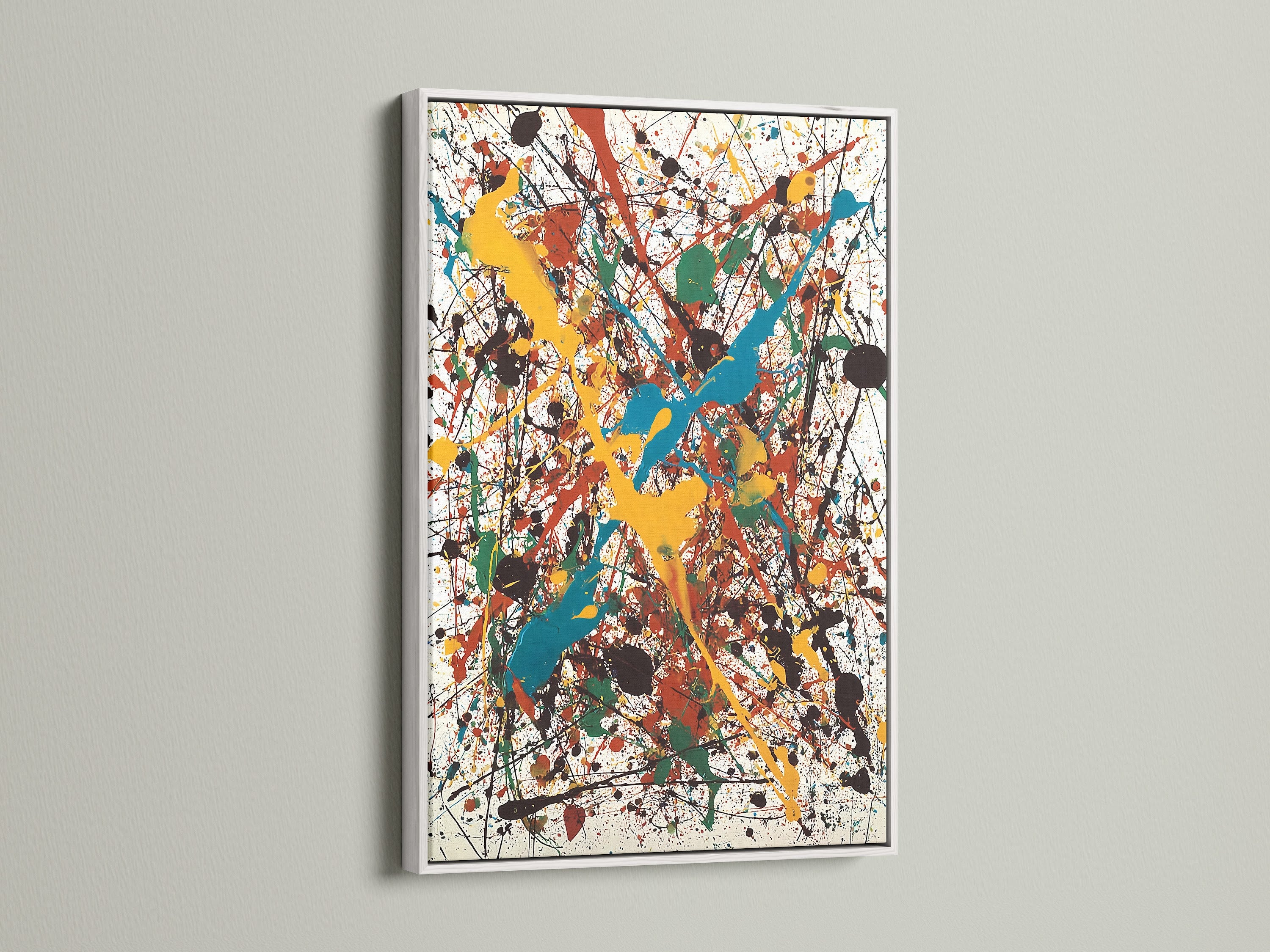 This is a sleek white frame displaying a modern abstract painting. The bright white frame provides a clean contemporary look. The artwork features splatters of yellow teal red green and black paint. A perfect choice for any home gallery.