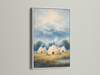 Native American Teepee Mountain Wall Art with a White Frame. This artwork offers a clean modern look. The tipi print adds a tribal touch. This piece enhances any rustic wall decor setting. This indigenous artwork is versatile for any room. It brings nature artwork into your home.