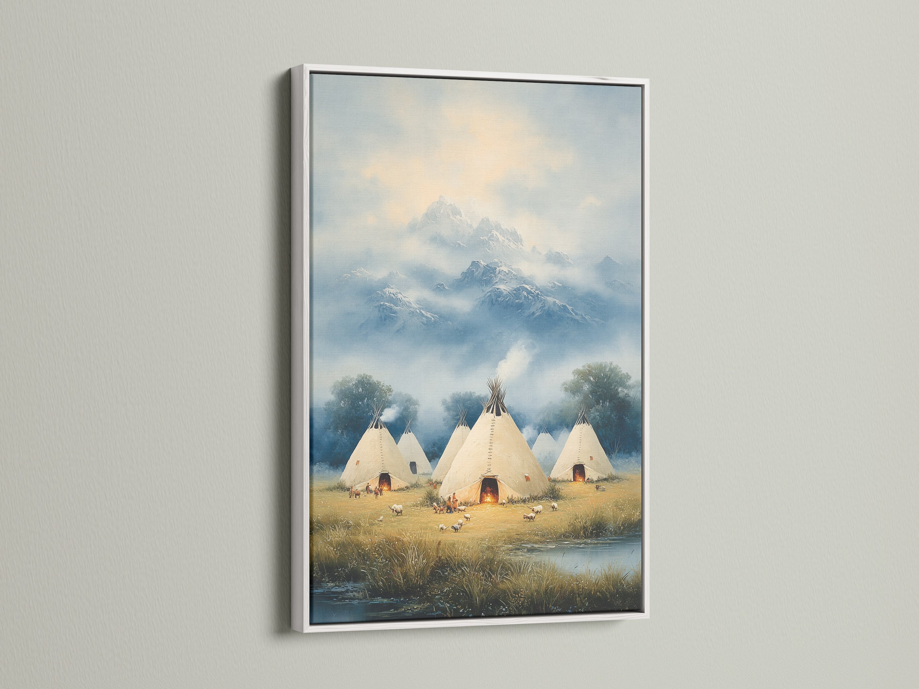 Native American Teepee Mountain Wall Art with a White Frame. This artwork offers a clean modern look. The tipi print adds a tribal touch. This piece enhances any rustic wall decor setting. This indigenous artwork is versatile for any room. It brings nature artwork into your home.