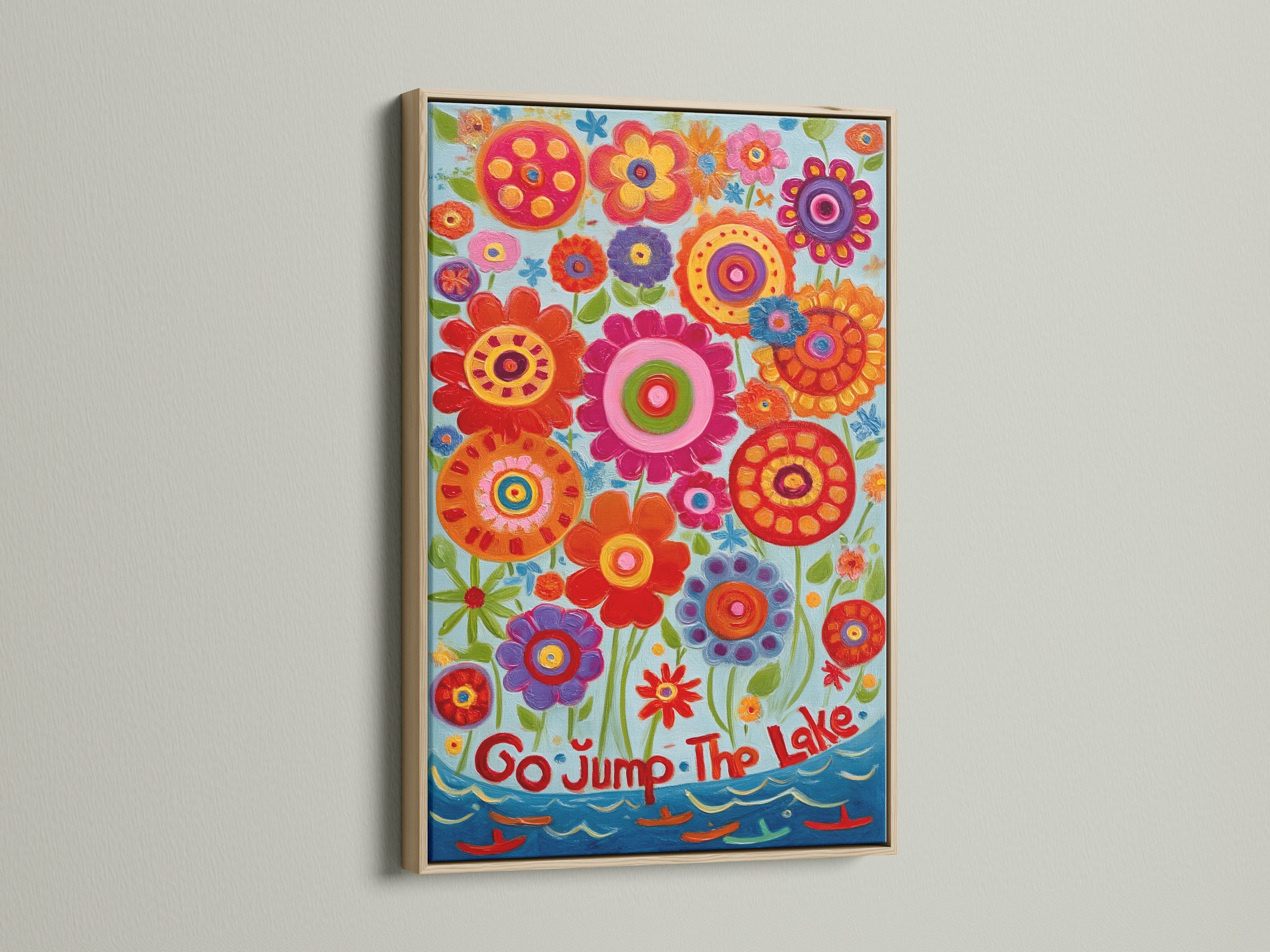 A close up of an oak frame showcasing a colorful floral canvas artwork. The botanical print brings a touch of nature indoors. Ideal for adding a vibrant and whimsical element to your living space with flower wall art.