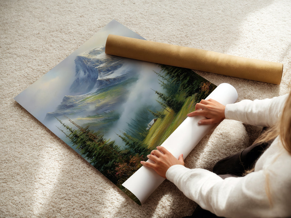 A woman is carefully rolling a fine art poster paper. The high-quality paper ensures vibrant colors and sharp details. It is perfect for printing your favorite artwork. Preserve your art with premium fine art paper.