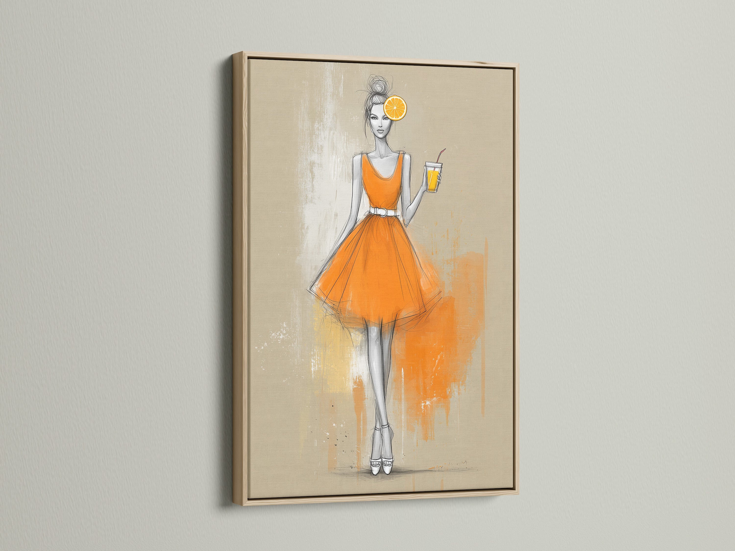 Fashion Illustration Canvas Print in an oak frame. This vintage fashion poster adds a touch of retro style to any room. Perfect for homeowners renters and interior decorators seeking chic wall art.