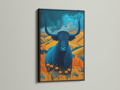 Majestic Bull canvas print is framed in black. This emphasizes the artwork's bold lines and contemporary style. The teal and amber palette creates a striking visual impact. It is perfect for adding a modern touch to your living room bedroom or office decor.